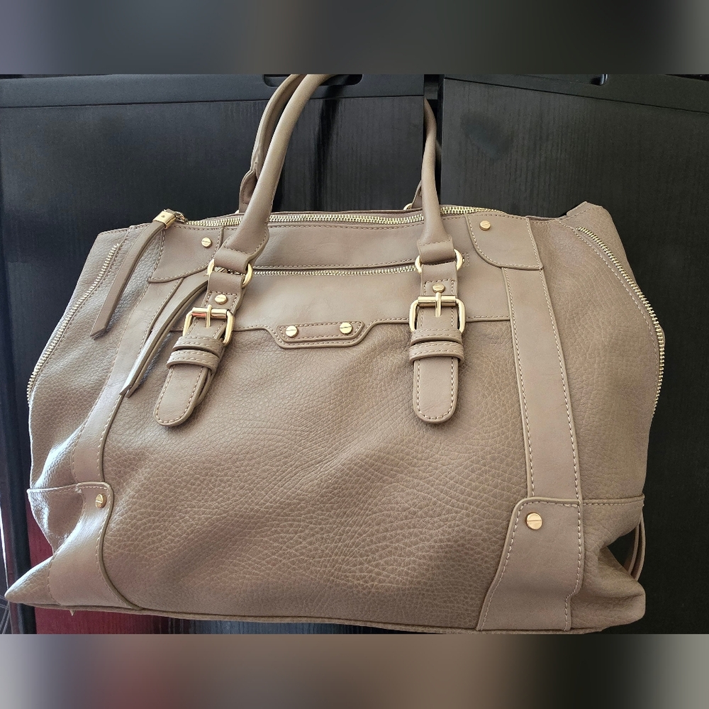 Stylish Taupe Handbag with Gold Accents